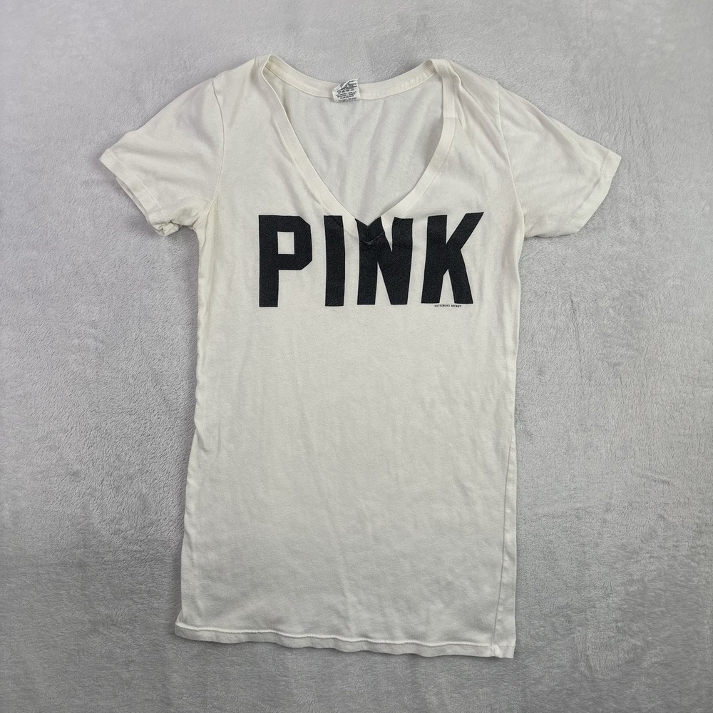 Pink Victoria's Secret White Short Sleeve V-Neck Shirt Women's Small